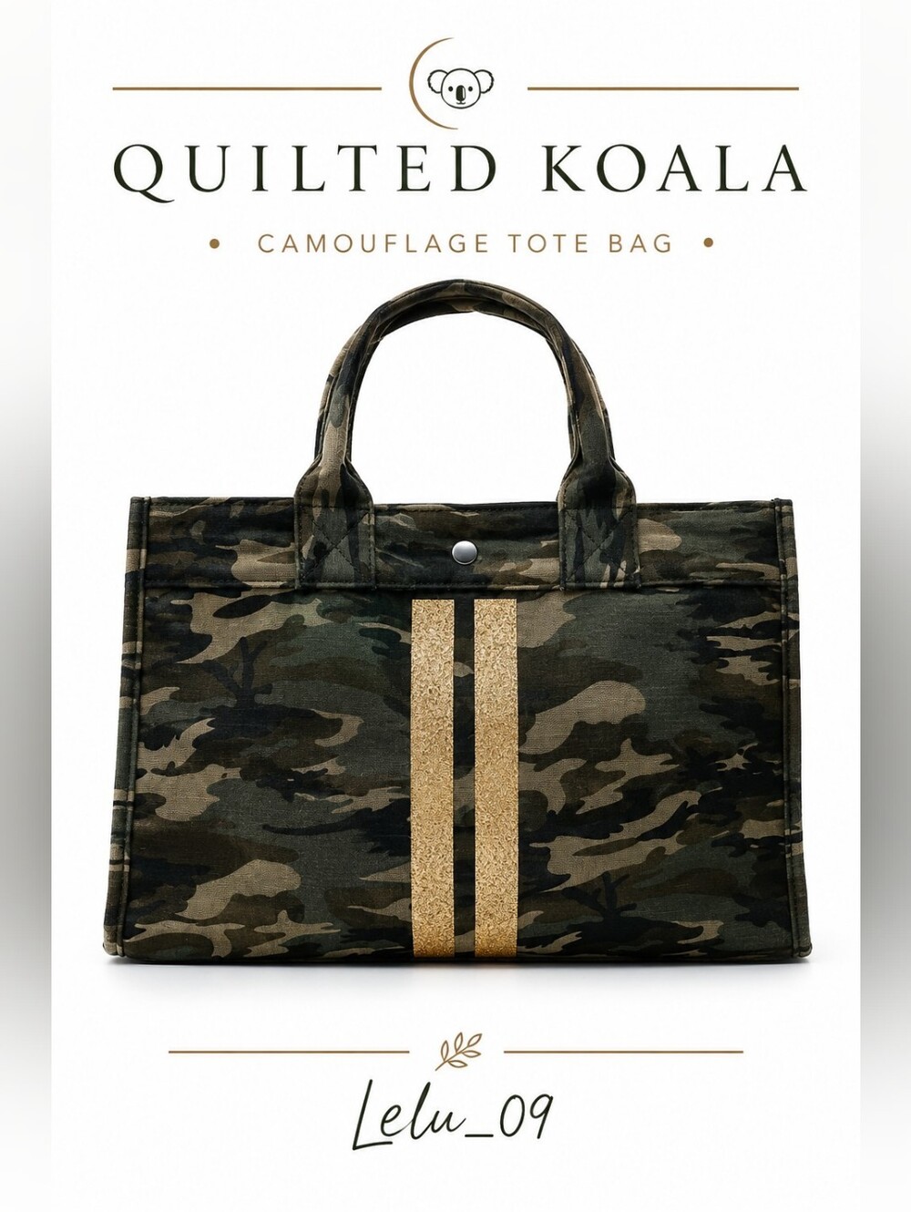 Quilted Koala Camouflage Tote Bag Gold Evil Eye & Stripe Design